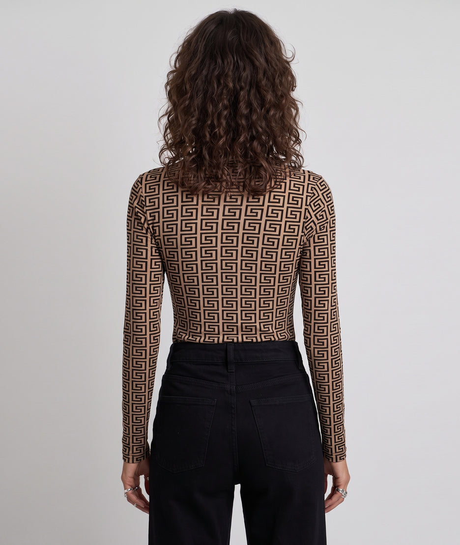 Body en résille femme taupe Hermine à motifs géométriques velours et manches longues