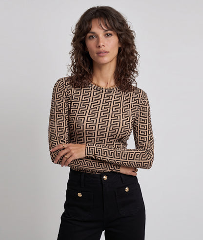 Body en résille femme taupe Hermine à motifs géométriques velours et manches longues