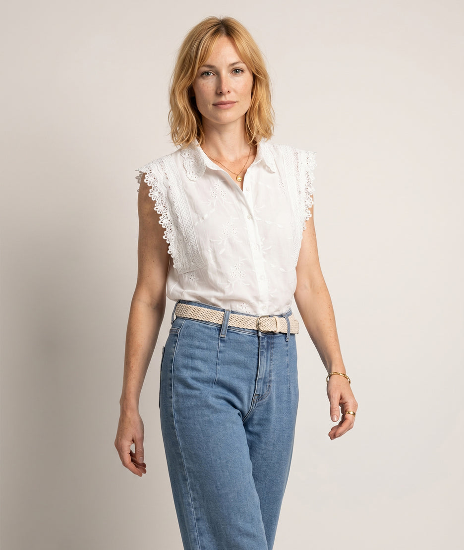 Chemise Laina sans manches broderies anglaises blanc face
