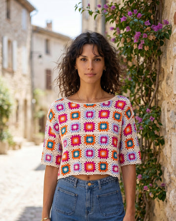 Top Luna multicolore crochet granny squares encolure bateau face — Carnaby