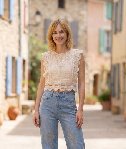 Top en dentelle face avant- beige