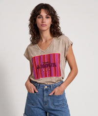 T-shirt Mona inscription perles colorés - camel