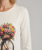 T-shirt Velo kaki à motif vélo fleuri et strass porté de face — Carnaby