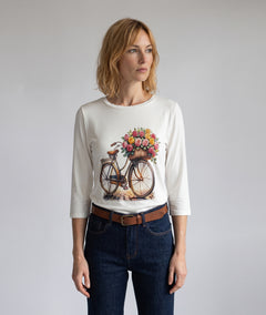 T-shirt Velo kaki à motif vélo fleuri et strass porté de face — Carnaby