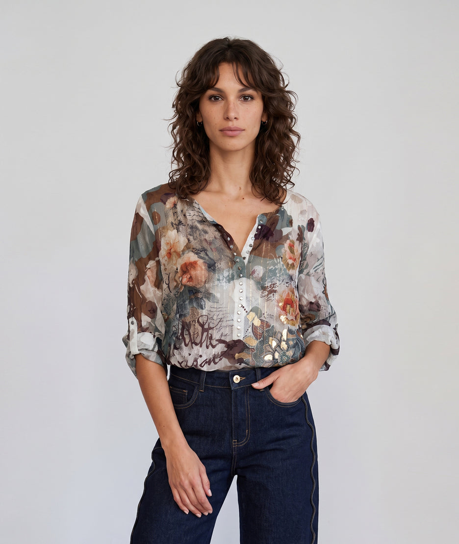Tunique Cerine choco effet froissé à motifs — marque Carnaby