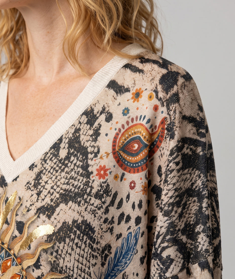 Pull Dia beige pailleté à motif fantaisie — marque Carnaby
