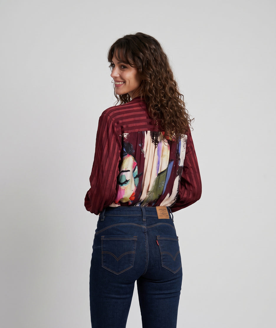 Chemise à motifs Matis bordeau femme avec visages colorés, col mao et manches longues
