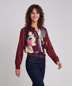 Chemise à motifs Matis bordeau femme avec visages colorés, col mao et manches longues