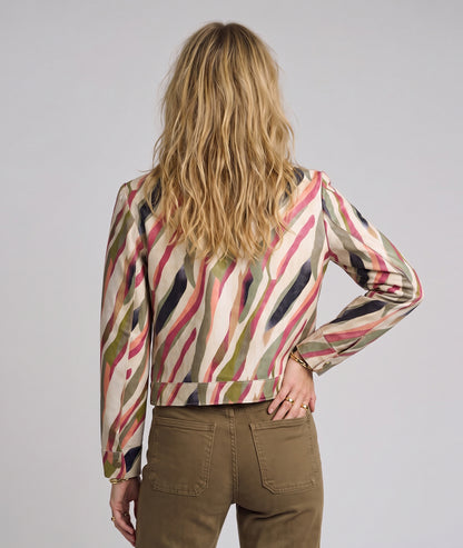 Veste courte femme Kelly beige à motifs colorés effet ciré et poches à rabat