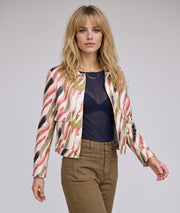 Veste courte femme Kelly beige à motifs colorés effet ciré et poches à rabat