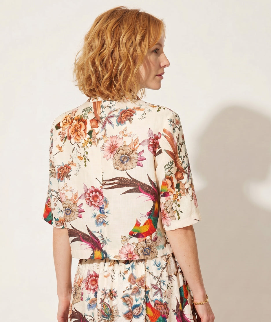 Veste Corinne écru boxy manches 3/4 couture centrale dos imprimé jardin exotique - Carnaby