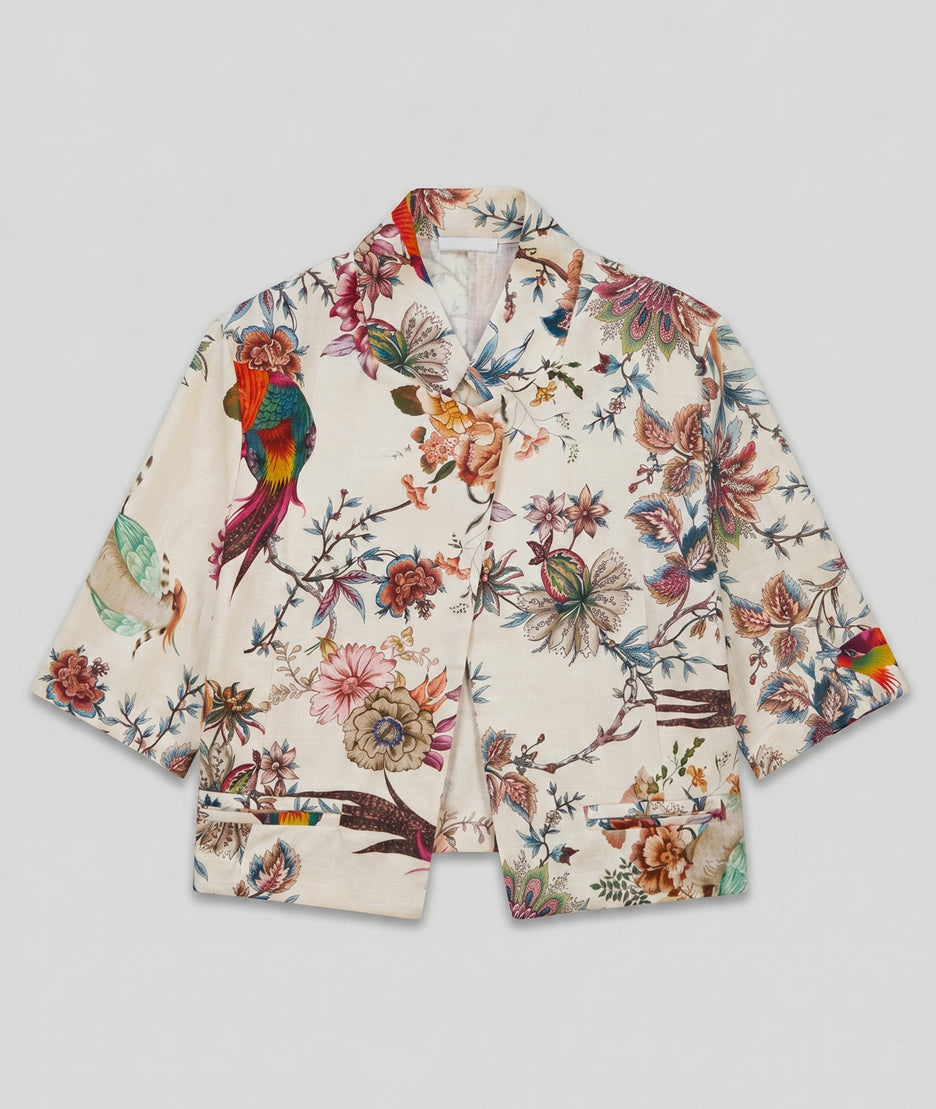 Veste Corinne écru boxy manches 3/4 couture centrale dos imprimé jardin exotique fond blanc - Carnaby
