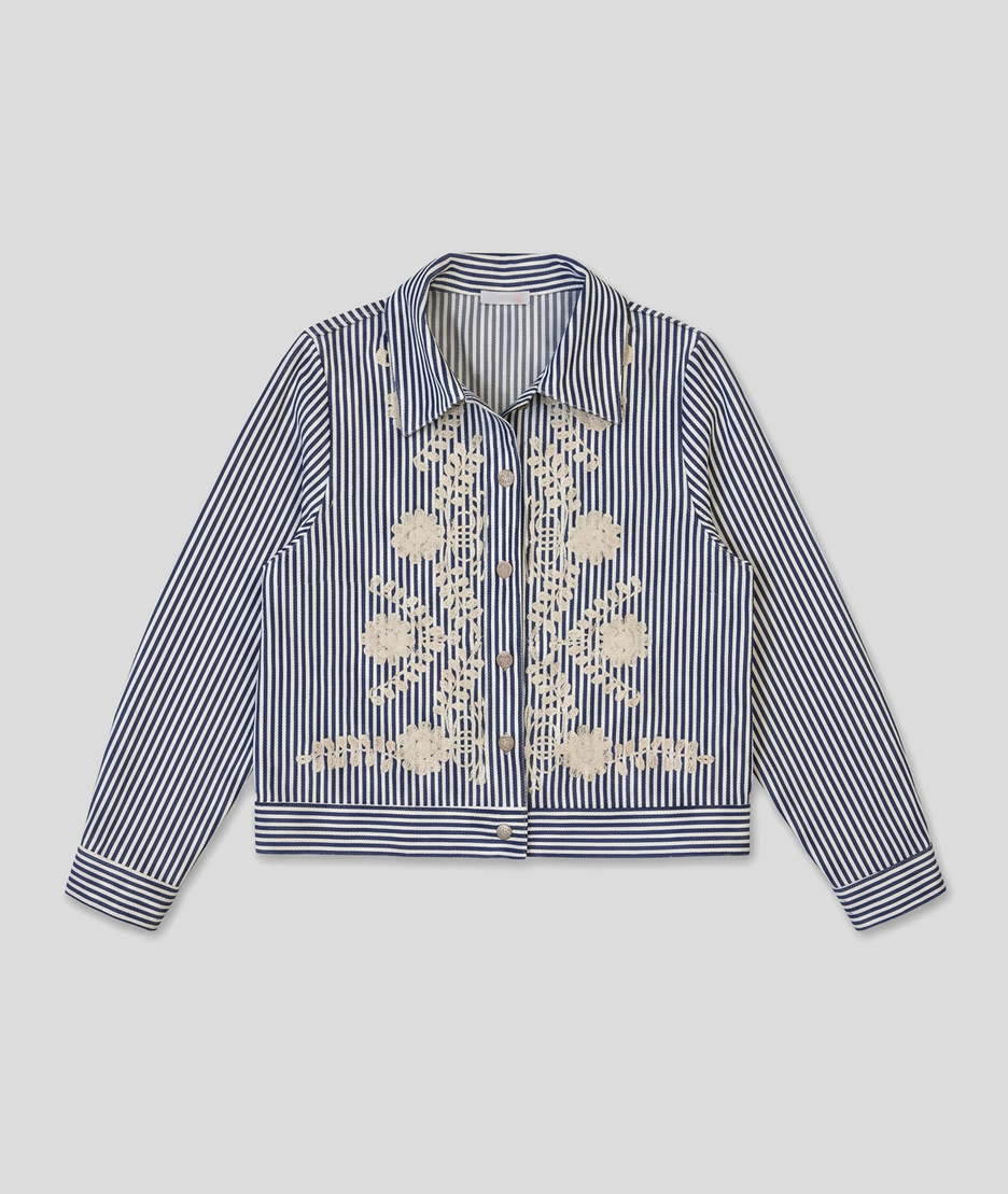 Veste courte femme Diana à rayures bleu et blanc avec broderie fleurs - marine