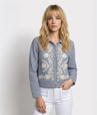 Veste courte femme Diana à rayures bleu et blanc avec broderie fleurs - marine
