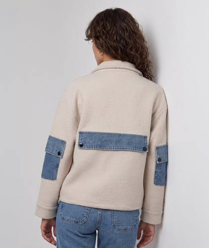Veste bi-matière femme Maria beige en maille et denim bleu clair face arrière
