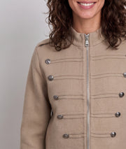 Veste officier en maille camel femme à manches longues et col montant