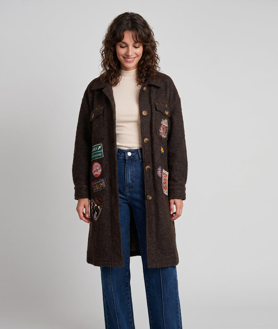 Veste longue Mykonos choco avec patchs fantaisie femme
