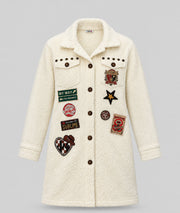 Veste longue Mykonos écru avec patchs fantaisie femme