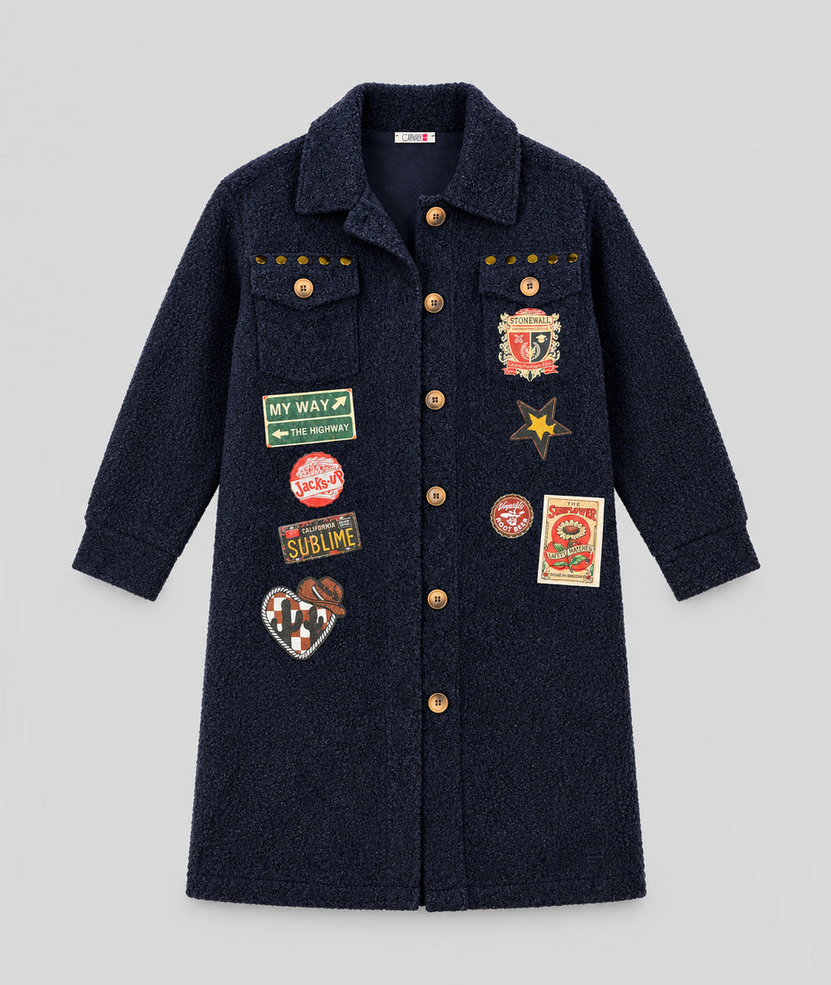 Veste longue Mykonos marine avec patchs fantaisie femme