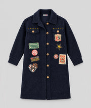 Veste longue Mykonos marine avec patchs fantaisie femme