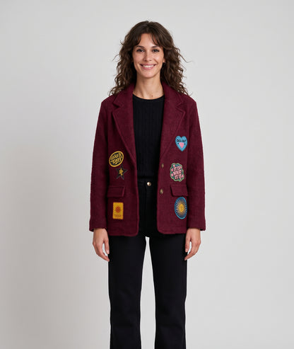 Veste blazer Narnia bordeaux en laine bouclée avec patchs femme