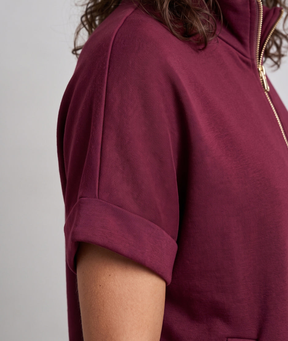 Veste sweat zippée femme Spalo bordeaux à manches courtes avec col montant et poches