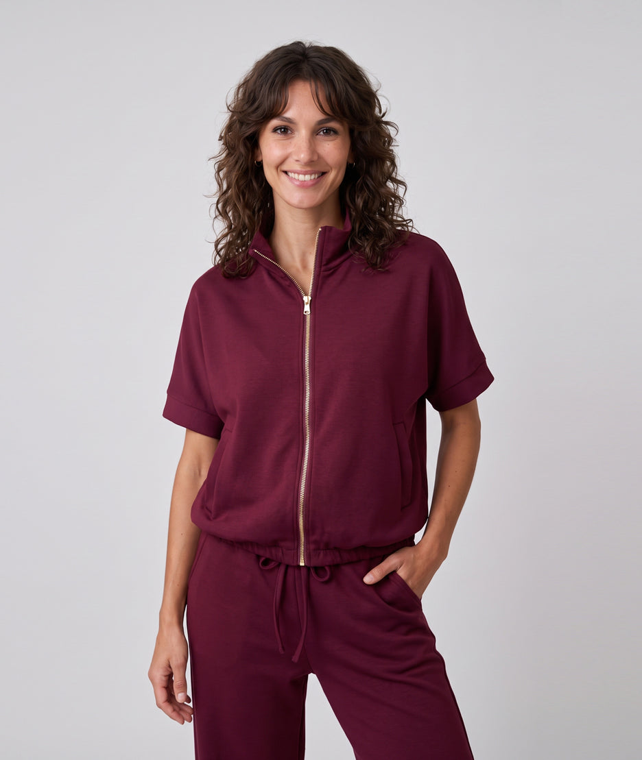 Veste sweat zippée femme Spalo bordeaux à manches courtes avec col montant et poches