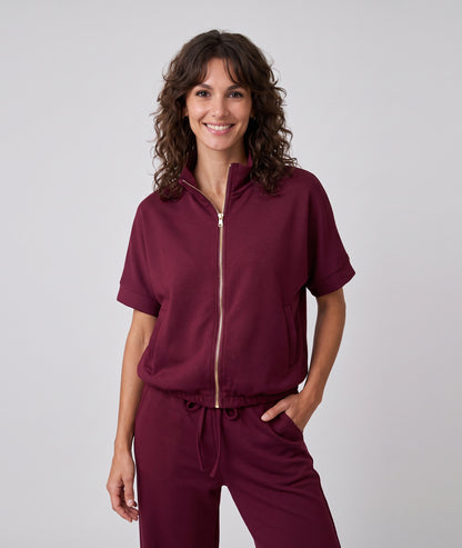 Veste sweat zippée femme Spalo bordeaux à manches courtes avec col montant et poches